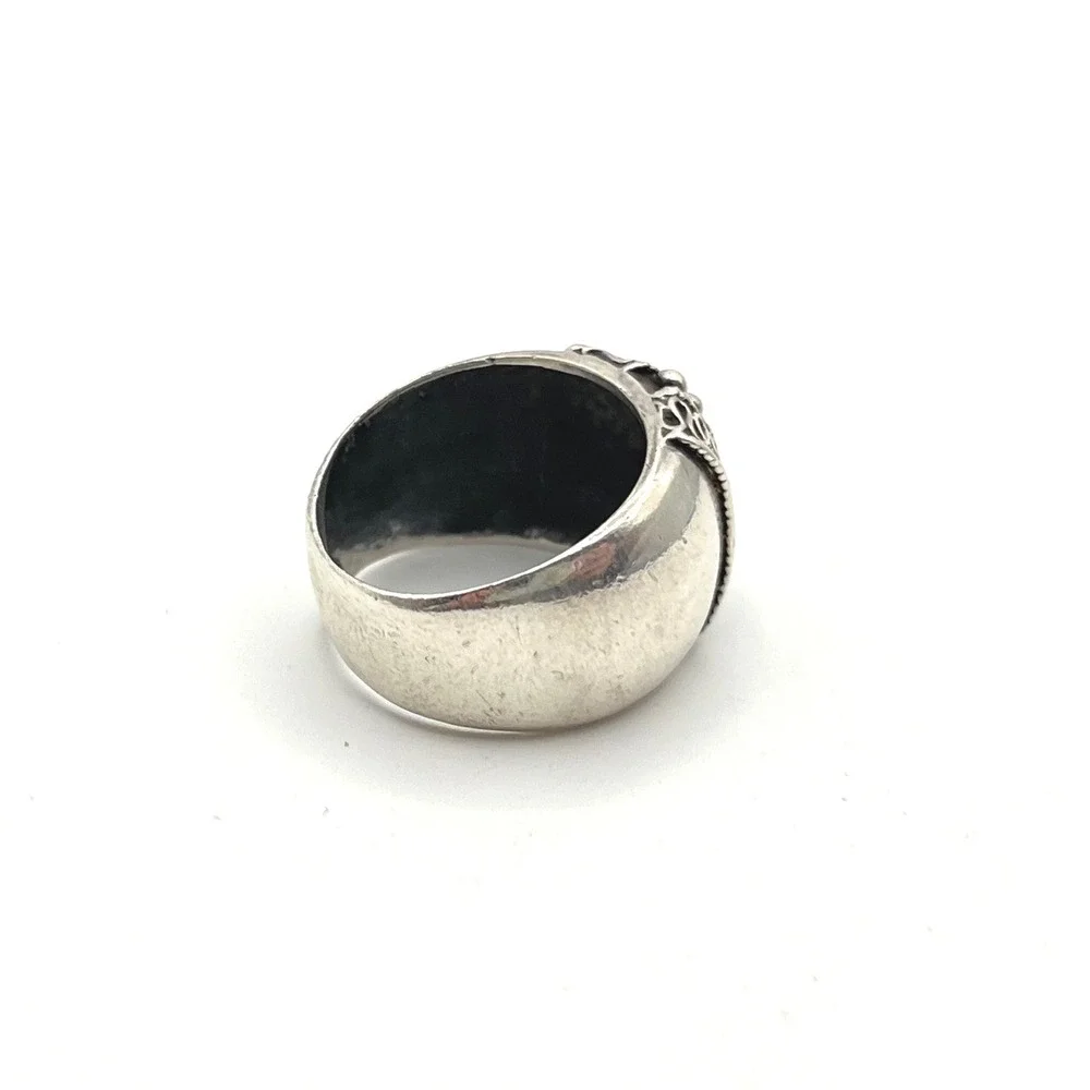 Sterling Silver 925 Balinese Scroll Beaded Wide Cigar Band Statement Ring Size 7